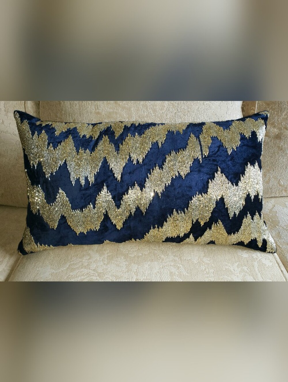 CALLISTO HOME Navy Blue Velvet & Gold Beaded Chevron Design 12X22 EXCELLENT